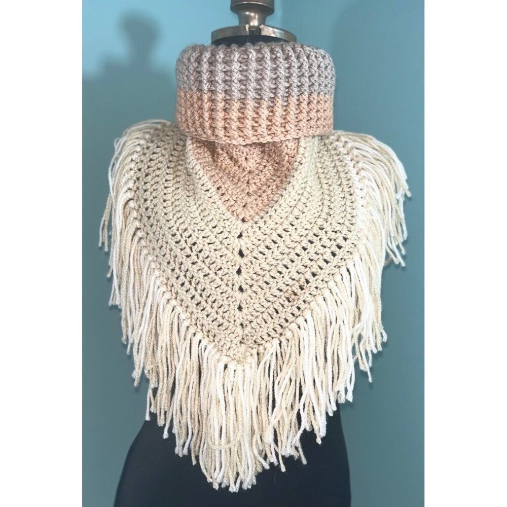 Handmade Crochet Neck Warmer Ribbed Turtleneck Fringe Boho Scarf  Warm Unique OS